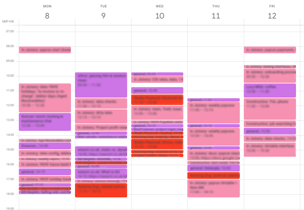 Screenshot of a week in a calendar with numerous coloured events.