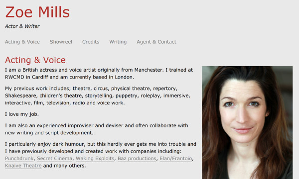 Zoe Mills homepage with a headshot and some text.