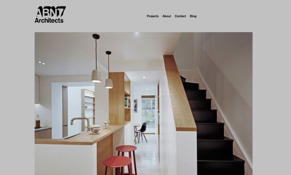 Homepage of ABN7 Architects with a greyscale design.