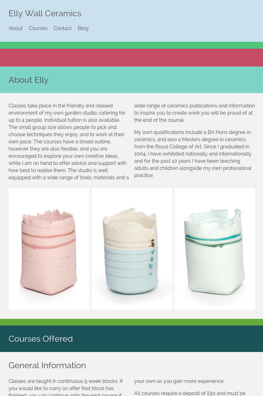 Screenshot of Elly Wall Ceramics website as it appears on a desktop screen.