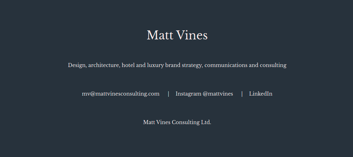 homepage of Matt Vine with dark background and light type.