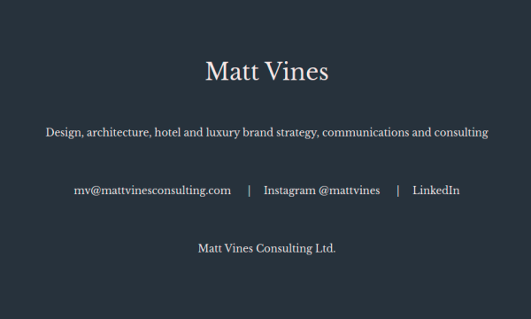 homepage of Matt Vine with dark background and light type.