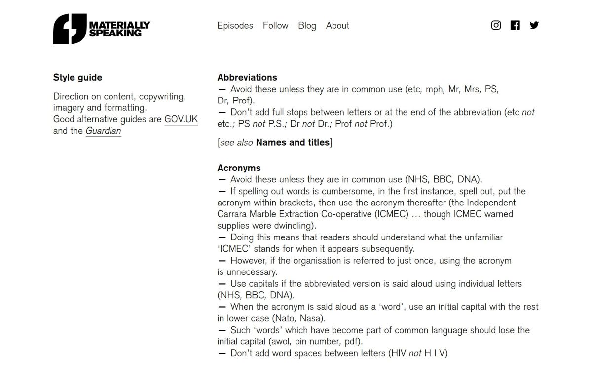 alphabetically organised writing style guide for Materially Speaking .com.