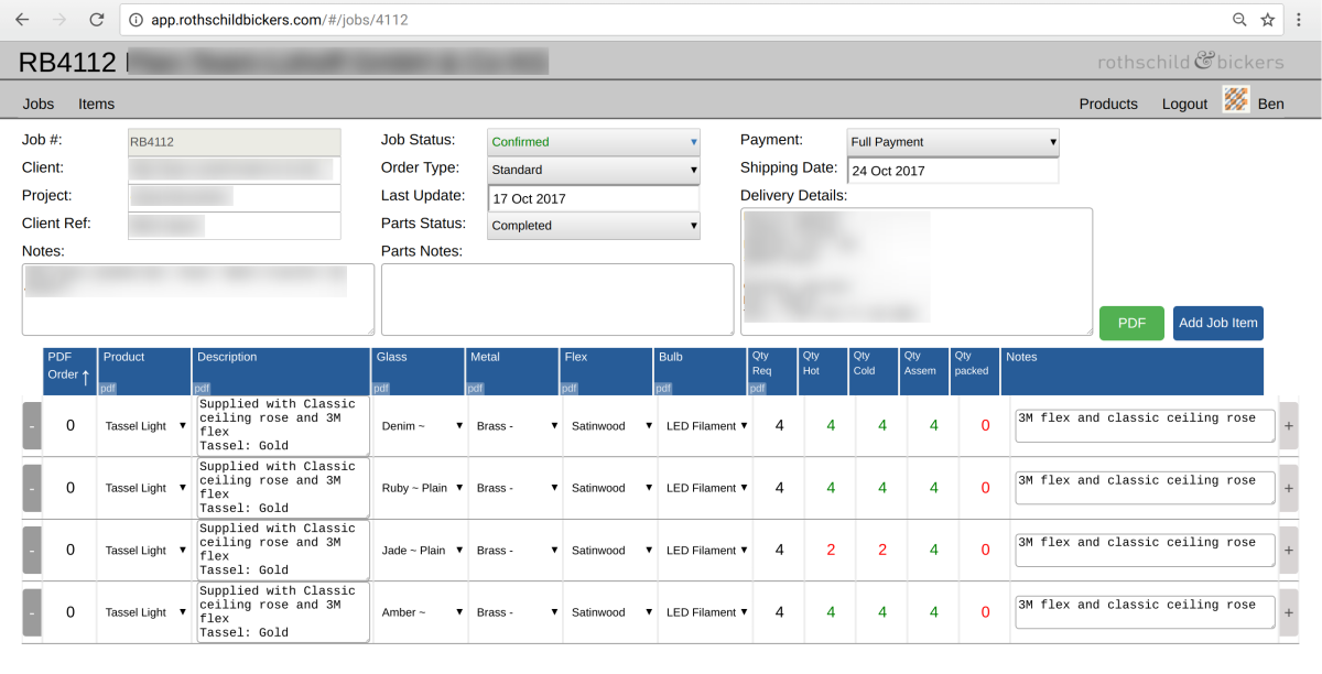 Screenshot from bespoke order management web app with details redacted .