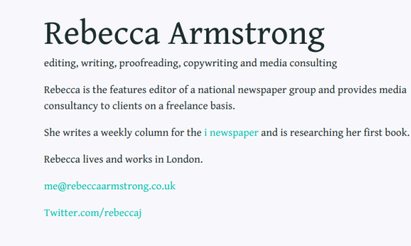 Screenshot of journalist Rebecca Armstrong's website.