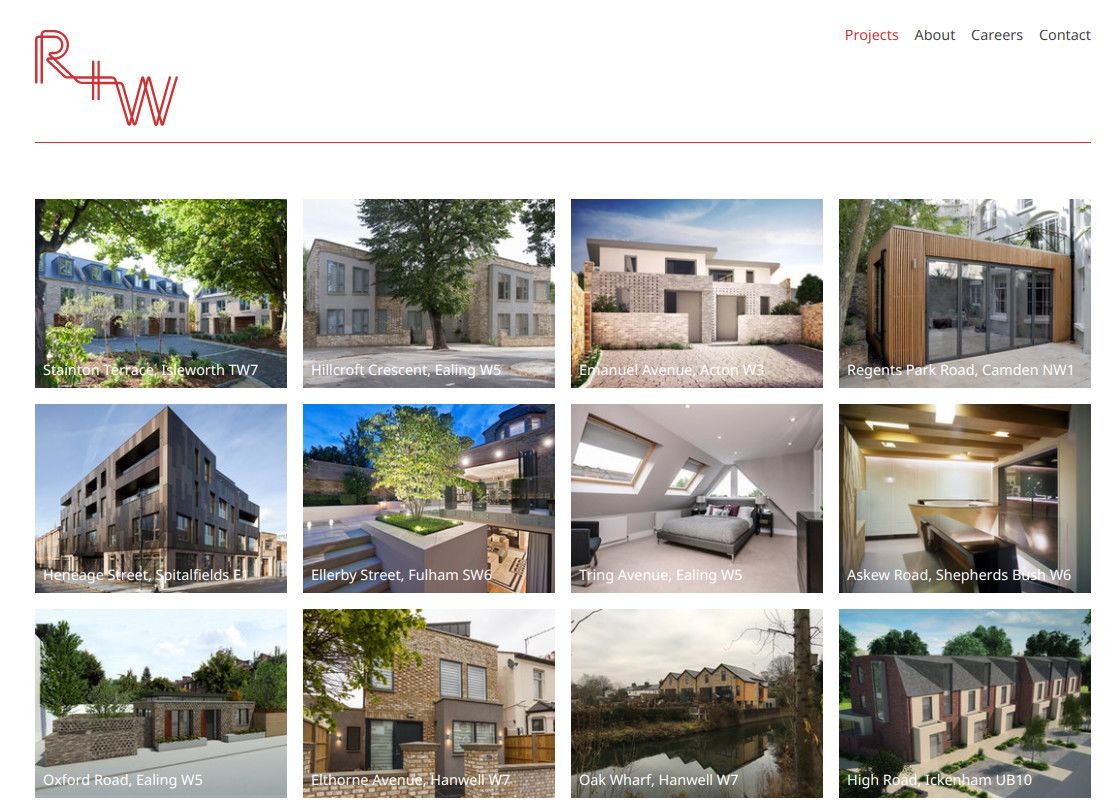 Homepage of Red + White Architects showing an array of projects.