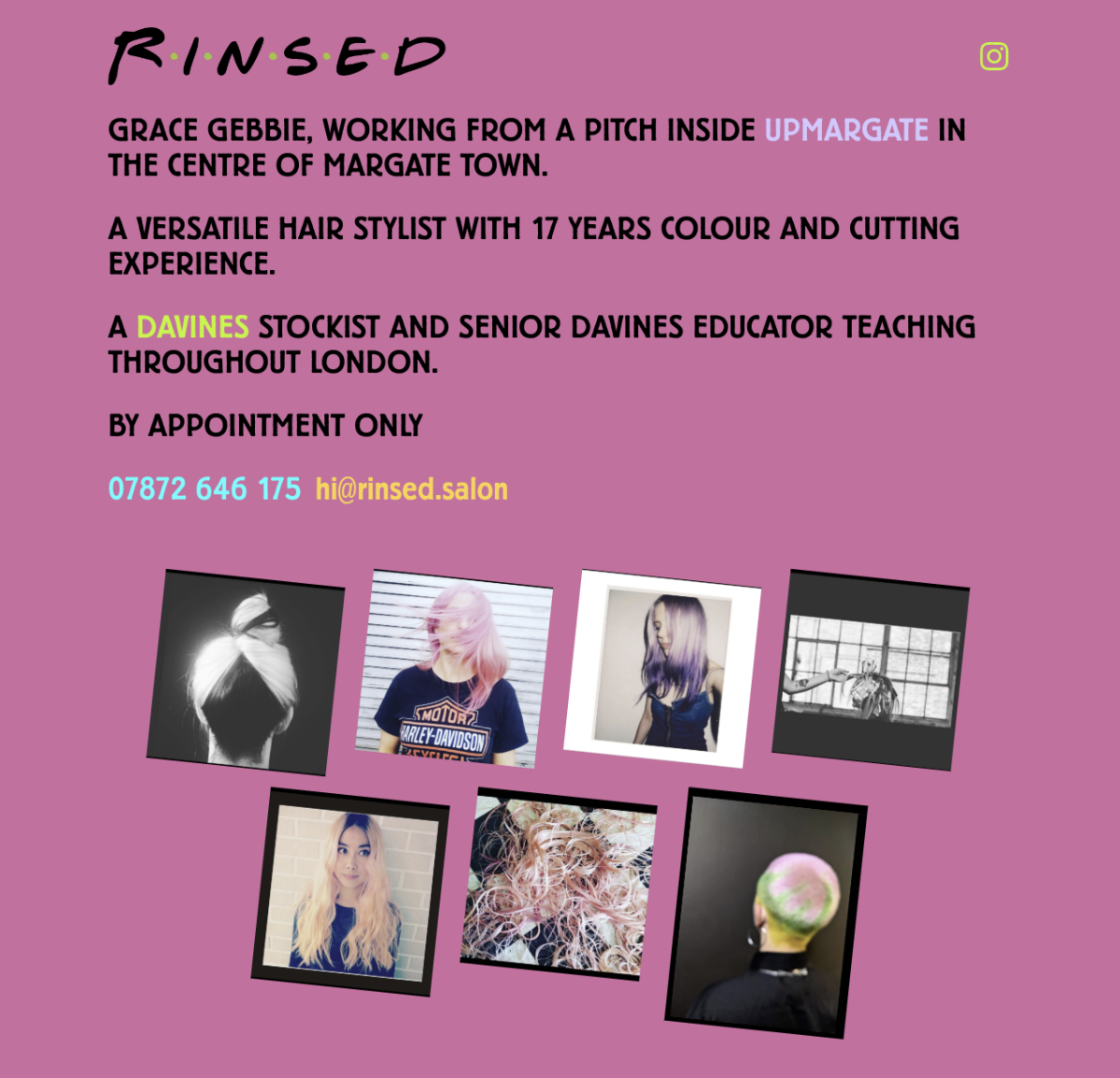 Bright pink website for Rinsed hair salon with photos of customer's hair.
