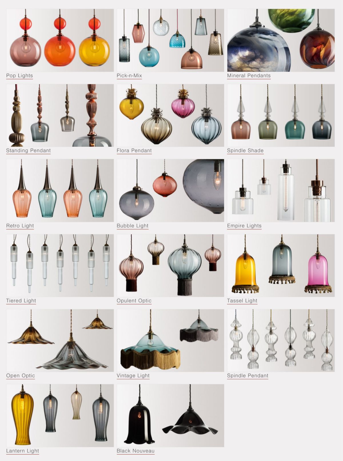 Grid of glass pendant lights in a variety of colours.