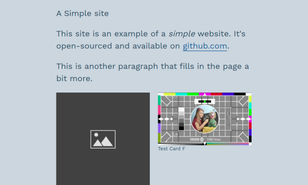 Screenshot of simple website with text and two images.