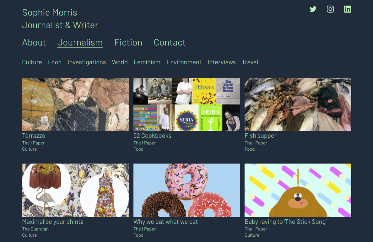 Website screenshot of journalist & writer Sophie Morris showing an array of thumbnail images.
