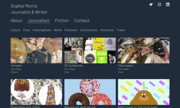 Website screenshot of journalist & writer Sophie Morris showing an array of thumbnail images.
