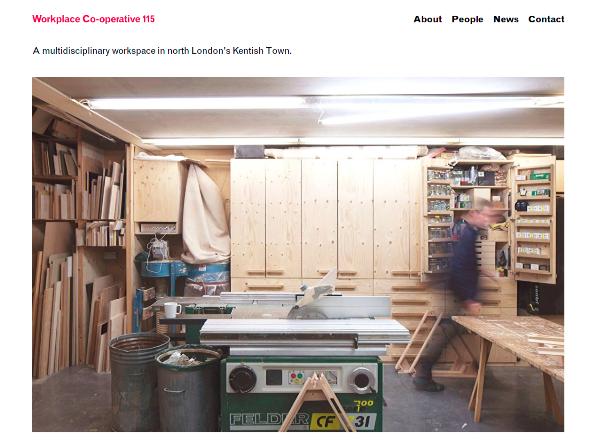 Homepage of 115.org.uk with a picture of the workshop.