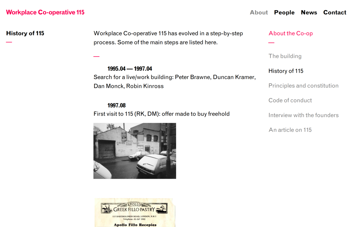 Screengrab of 115.org.uk showing a history of the organisation.