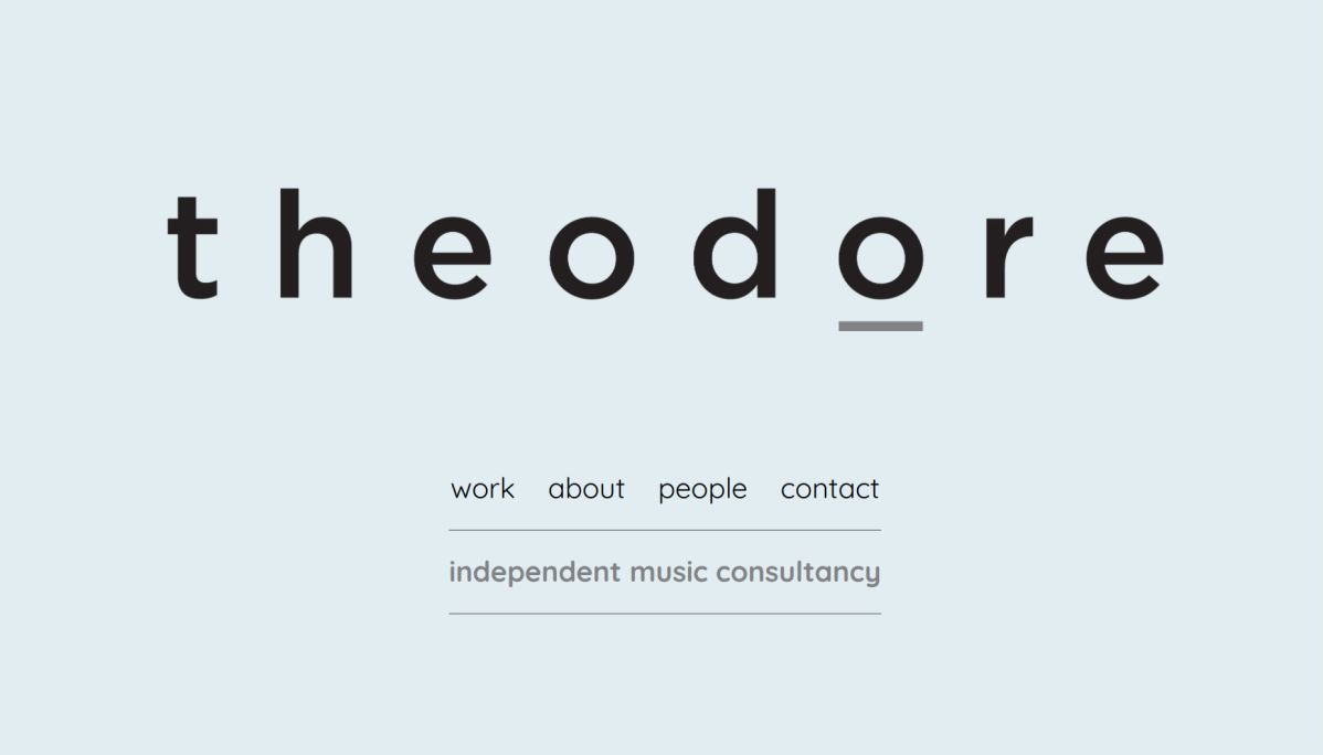 Pastel coloured homepage of simple website for Theodore music licensing.