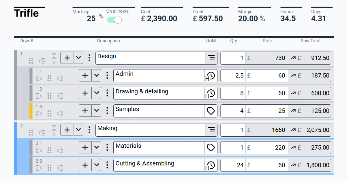 screenshot of project pricing web app showing rows and figures.
