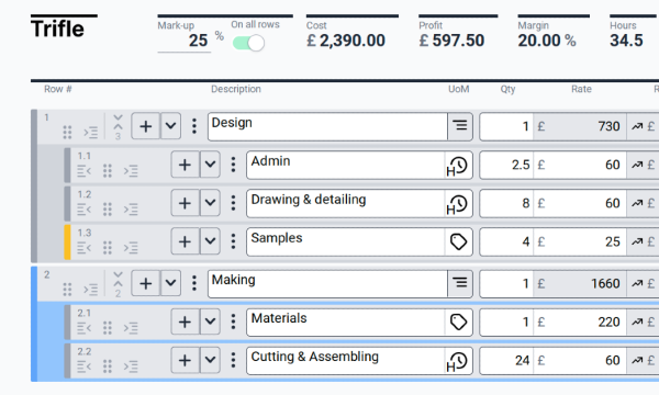 screenshot of project pricing web app showing rows and figures.