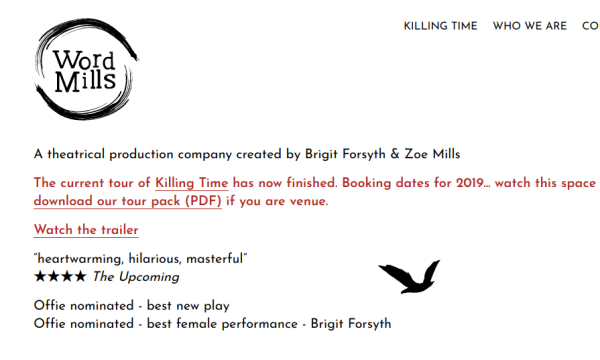 Screenshot of theatre company Word Mills' website.