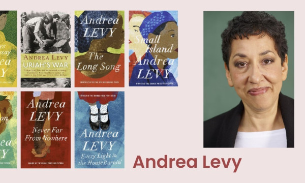 portrait of smiling woman alongside seven book covers.