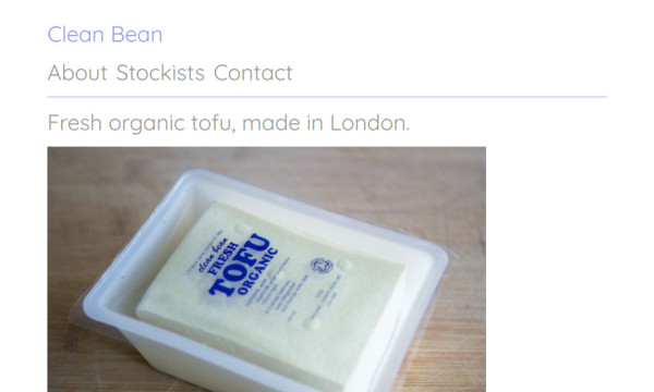 Homepage of Clean Bean showing a packaged block of tofu.