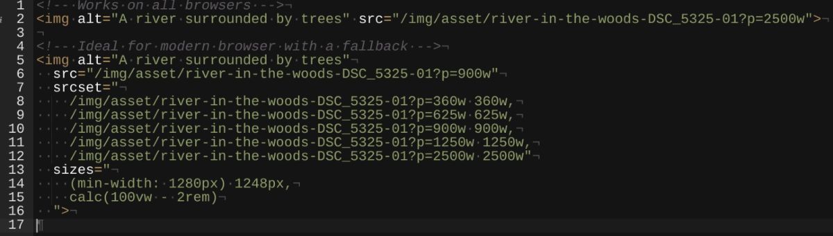 HTML code for img tag with and without srcset.