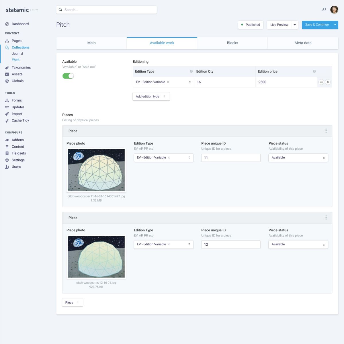 CMS interface of Statamic showing two works of art..