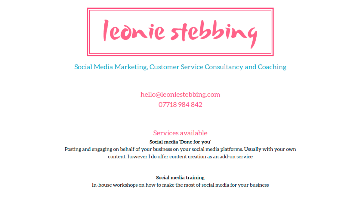 homepage of Leonie Stebbing with a white background and bright pink accents.