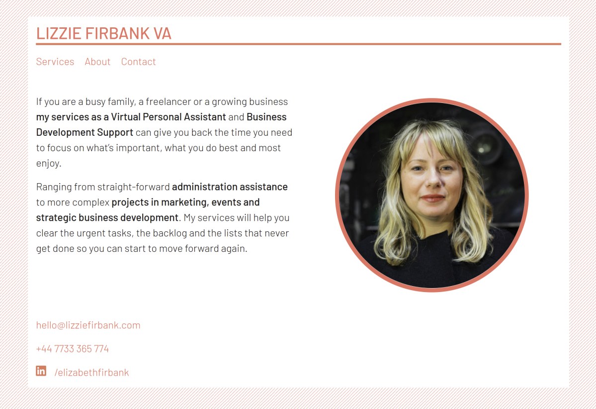 Screenshot of Lizzie Firbank's white and orange website.