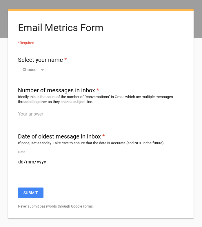 Screenshot of a form used to collect data on a user's mailbox for the purposes of keeping a clean inbox.