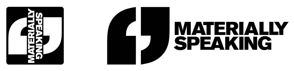 two logo marks for Materially Speaking, one square, one long.