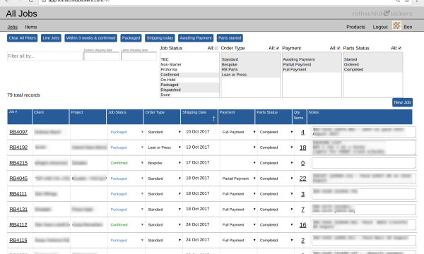 Screenshot from bespoke order management web app with details redacted .