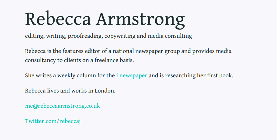 Screenshot of journalist Rebecca Armstrong's website.