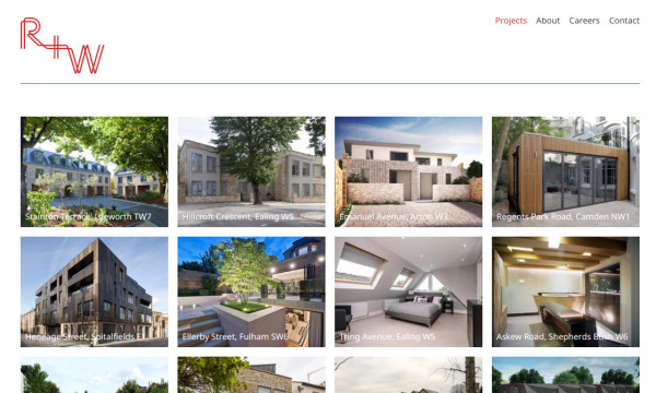 Homepage of Red + White Architects showing an array of projects.