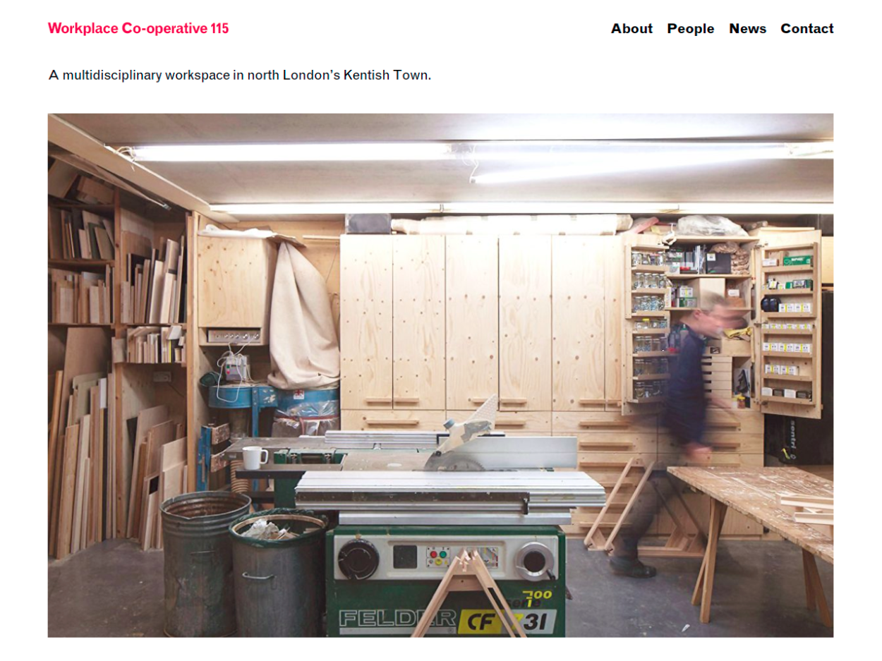 Homepage of Workplace 115 showing it's woodworking workshop.