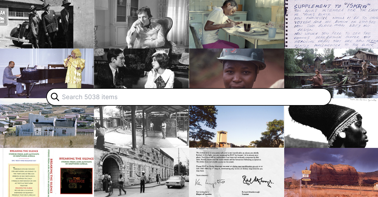 Homepage for media archive with photos and a search box.