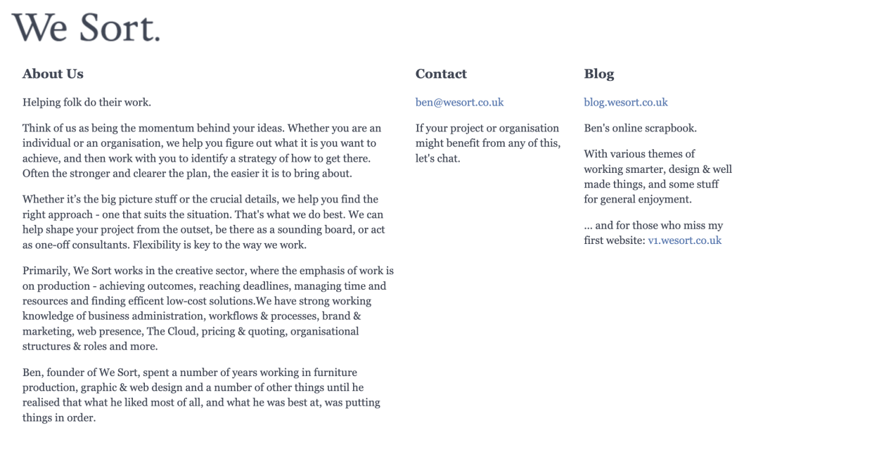 Screenshot of text-only website for We Sort.
