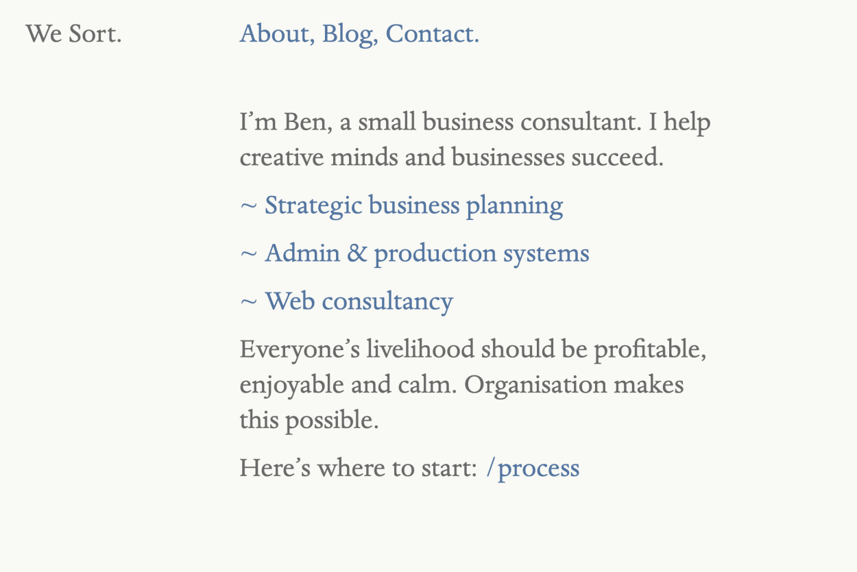 Screenshot of text-only website for We Sort.