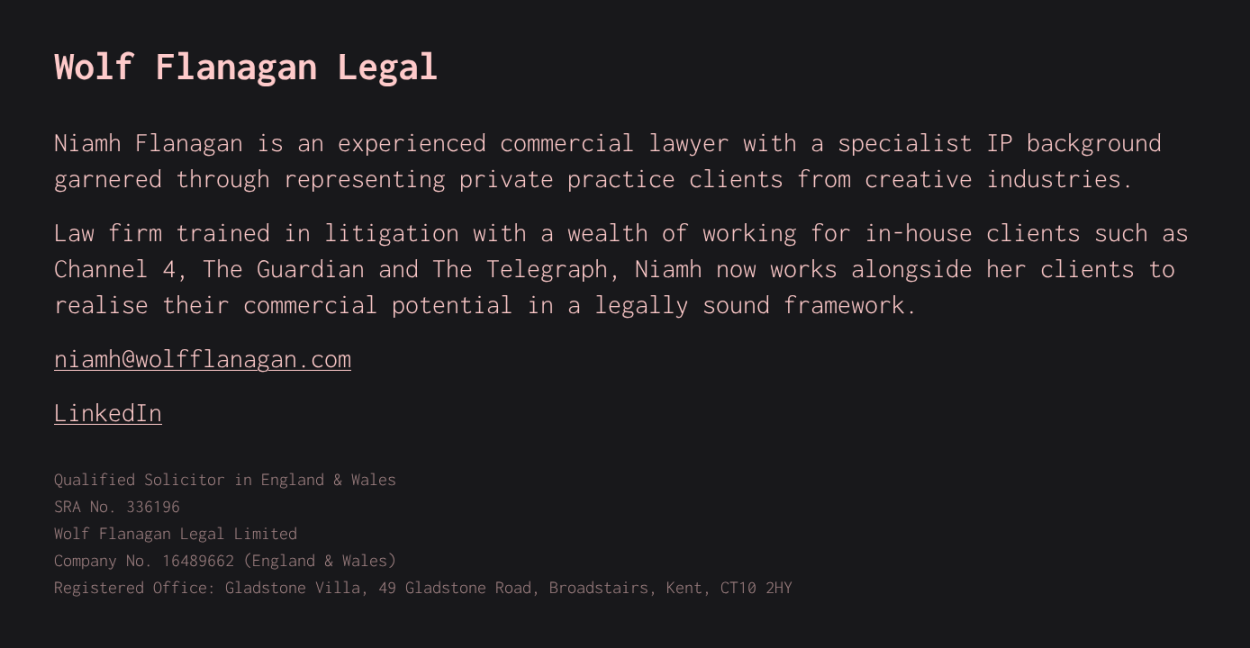 Dark black and pink text website for lawyer.