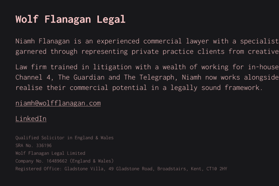 Dark black and pink text website for lawyer.