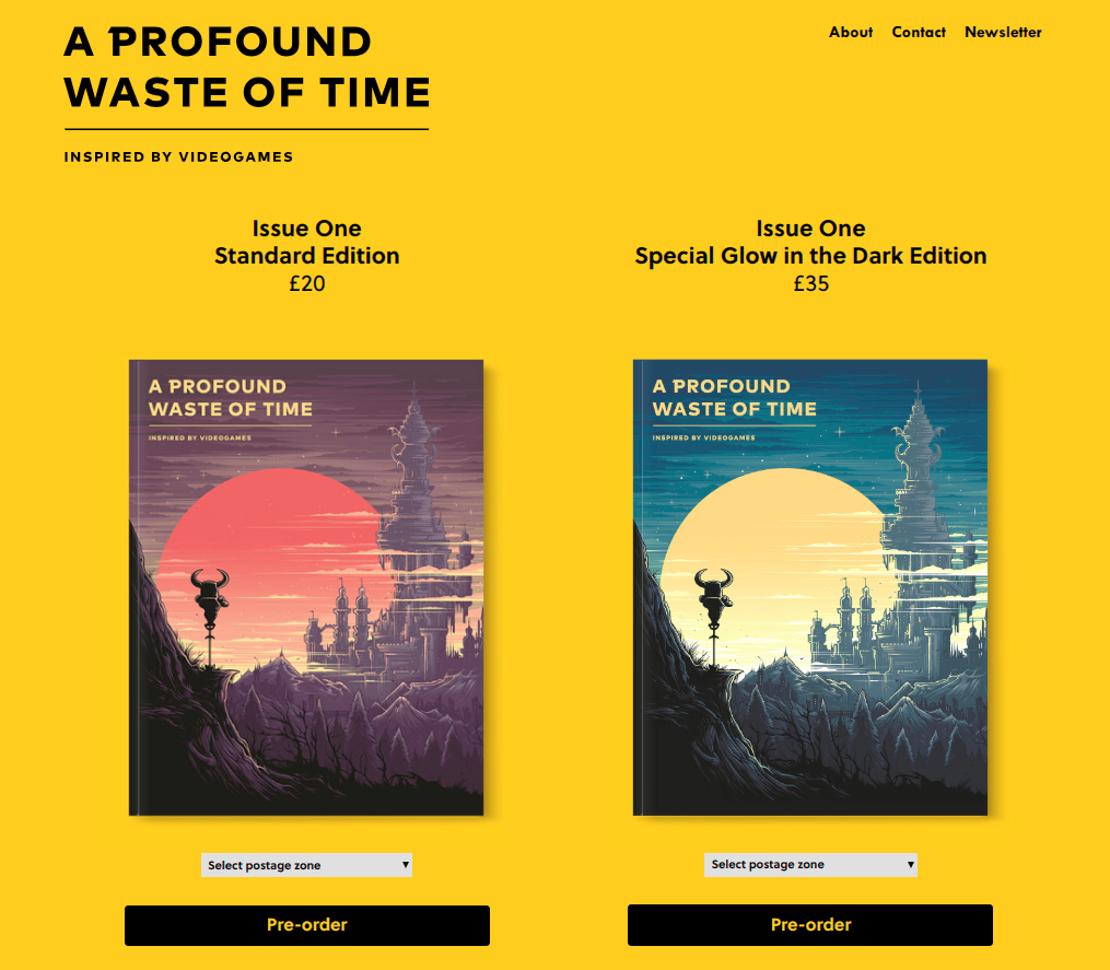 Bright yellow website of A Profound Waste of Time showing some magazine covers.