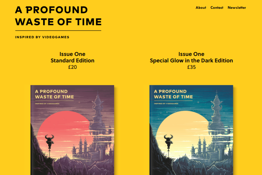 Bright yellow website of A Profound Waste of Time showing some magazine covers.