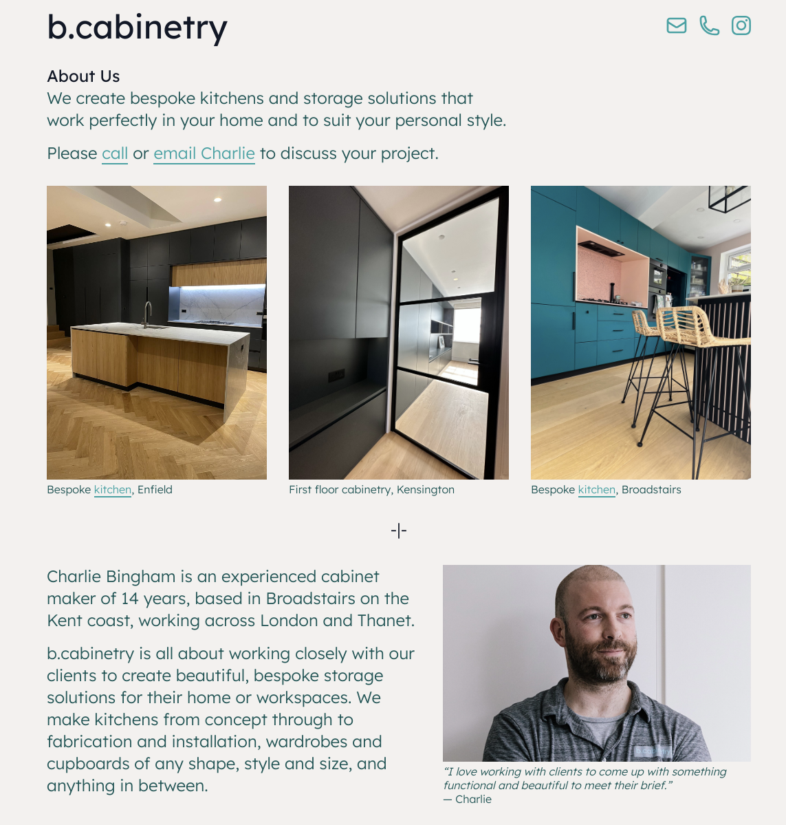 Homepage of cabinet maker Charlie Bingham with some examples of his work.