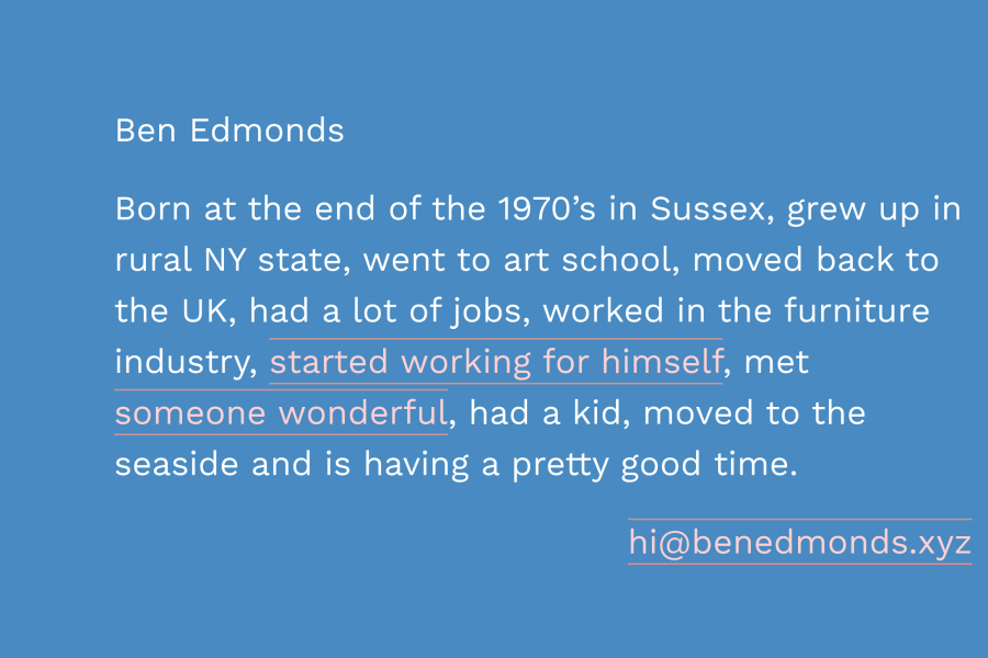 Text based website of Ben Edmonds, blue background with white text.