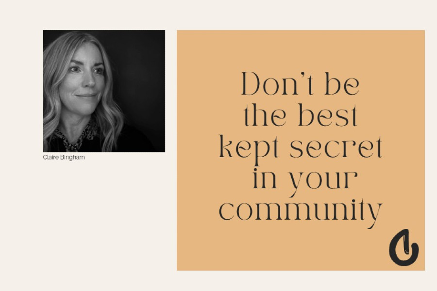 Screenshot with Claire Bingham a smiling woman in black & white, and the text