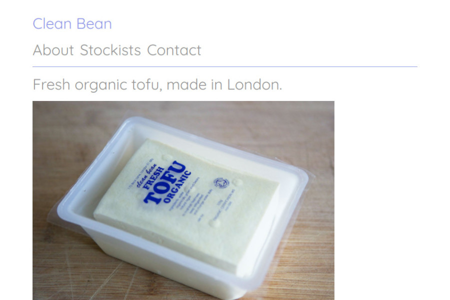 Simple website for Clean Bean tofu showing the block of tofu in its packaging.