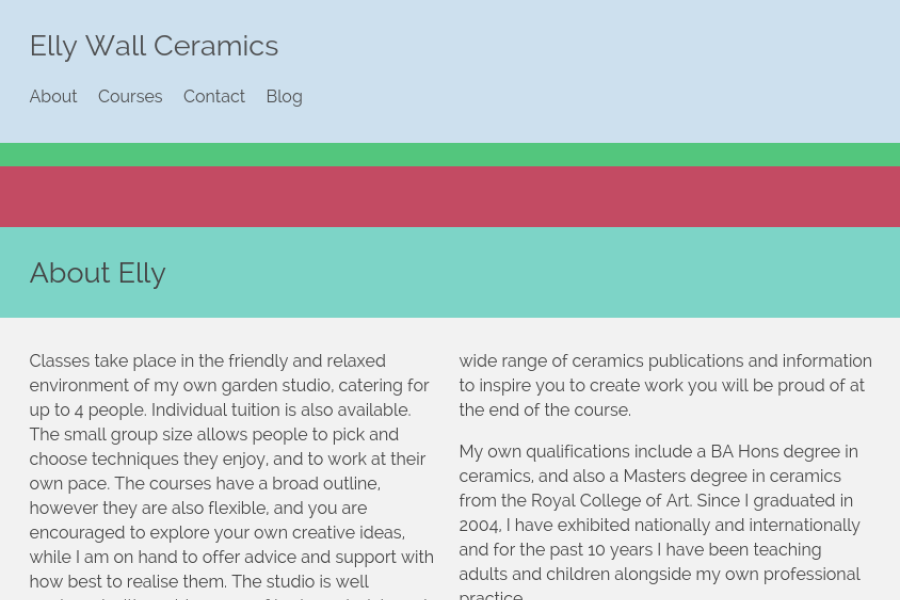 Colourful website of Elly Wall Ceramics.