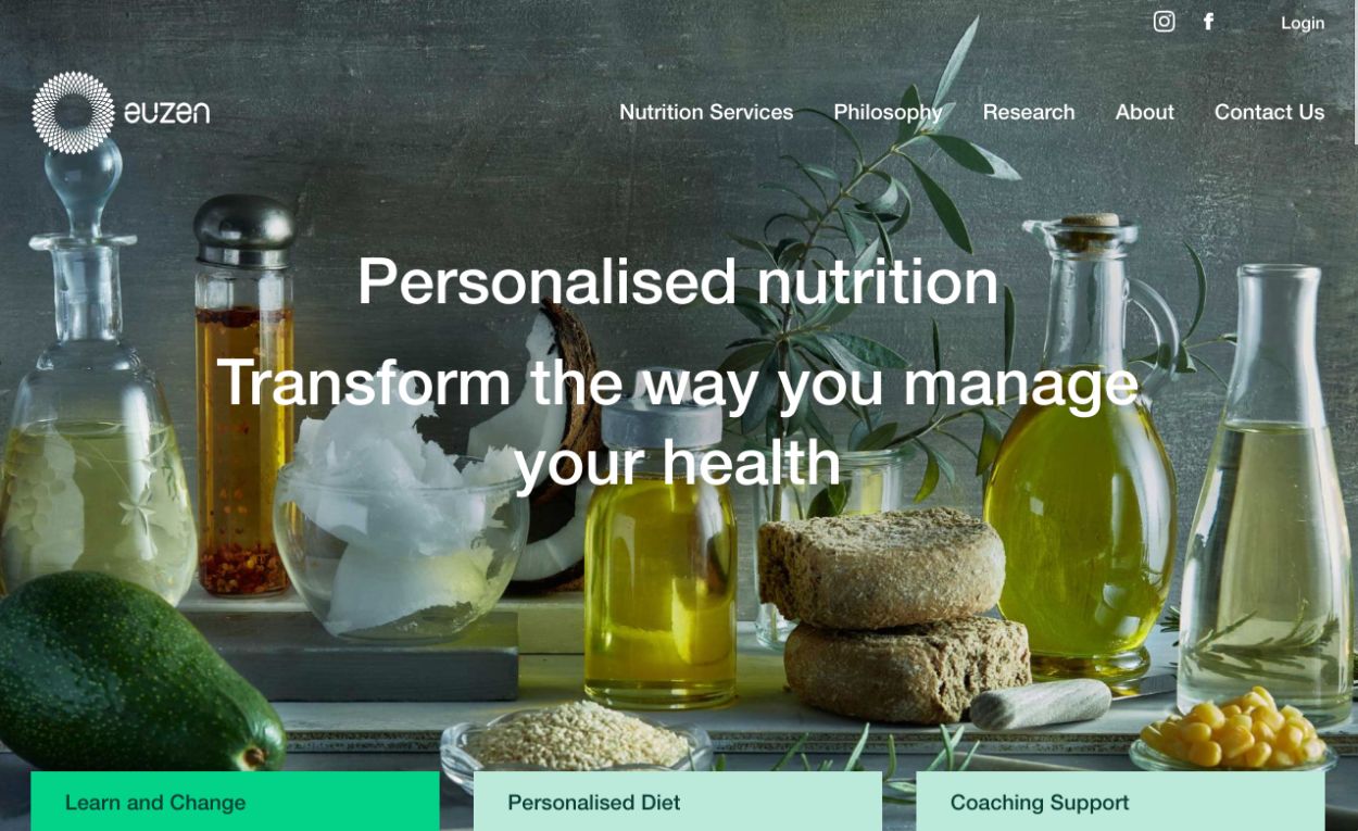Website homepage for Euzen personalised nutrition platform.