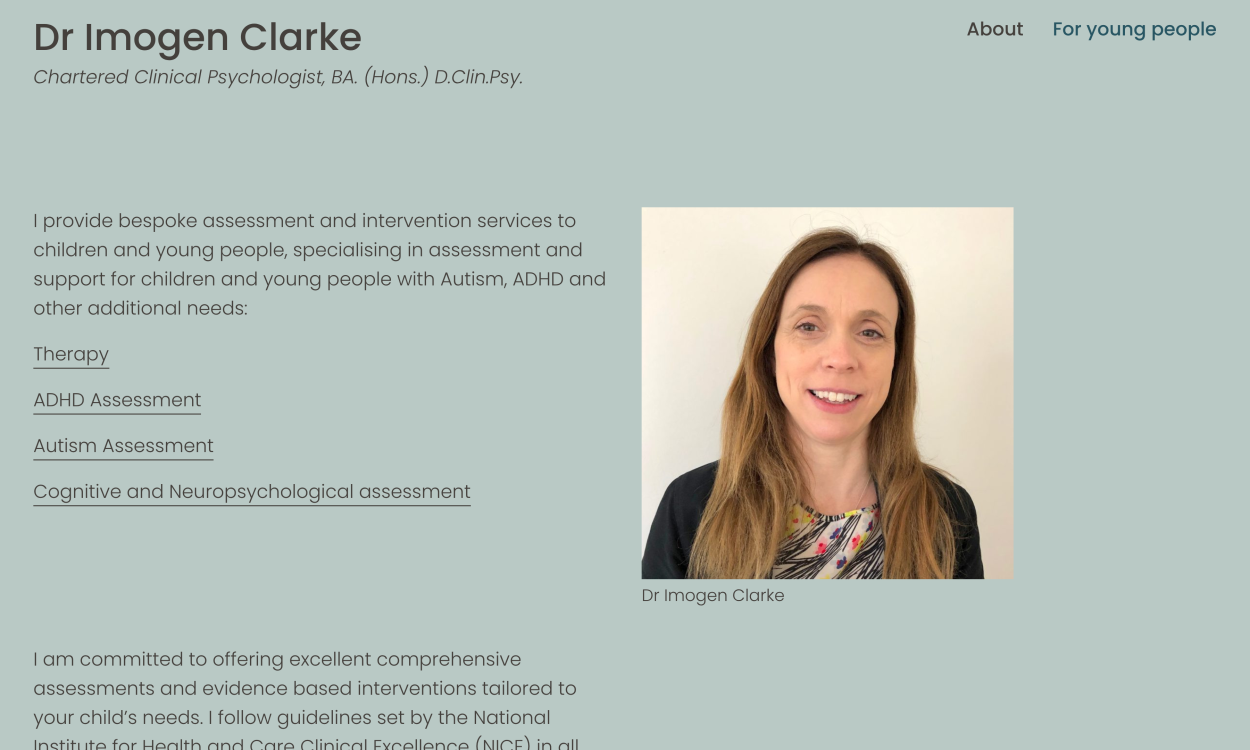 Website homepage for Dr Imogen Clarke, Psychologist.