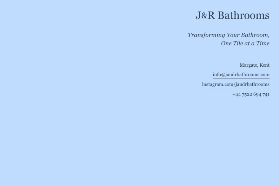 Minimal light blue website for J&R Bathrooms.