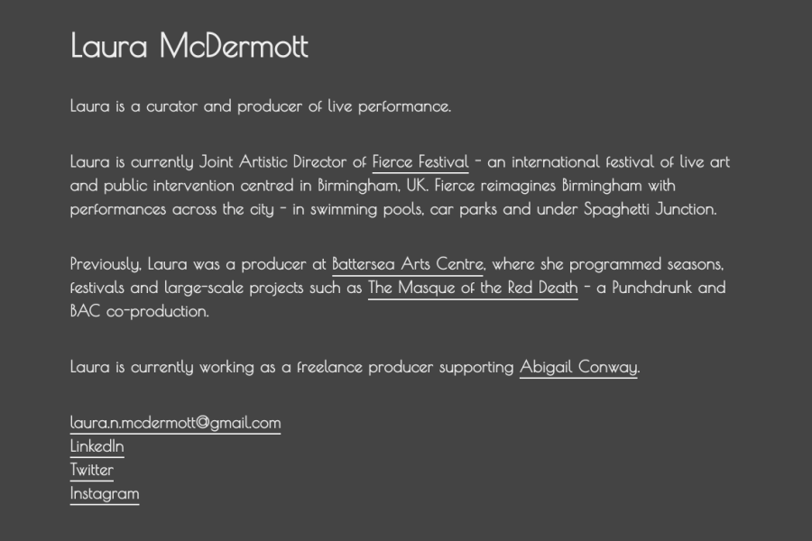Screenshot of dark, text-only website for Laura McDermott.