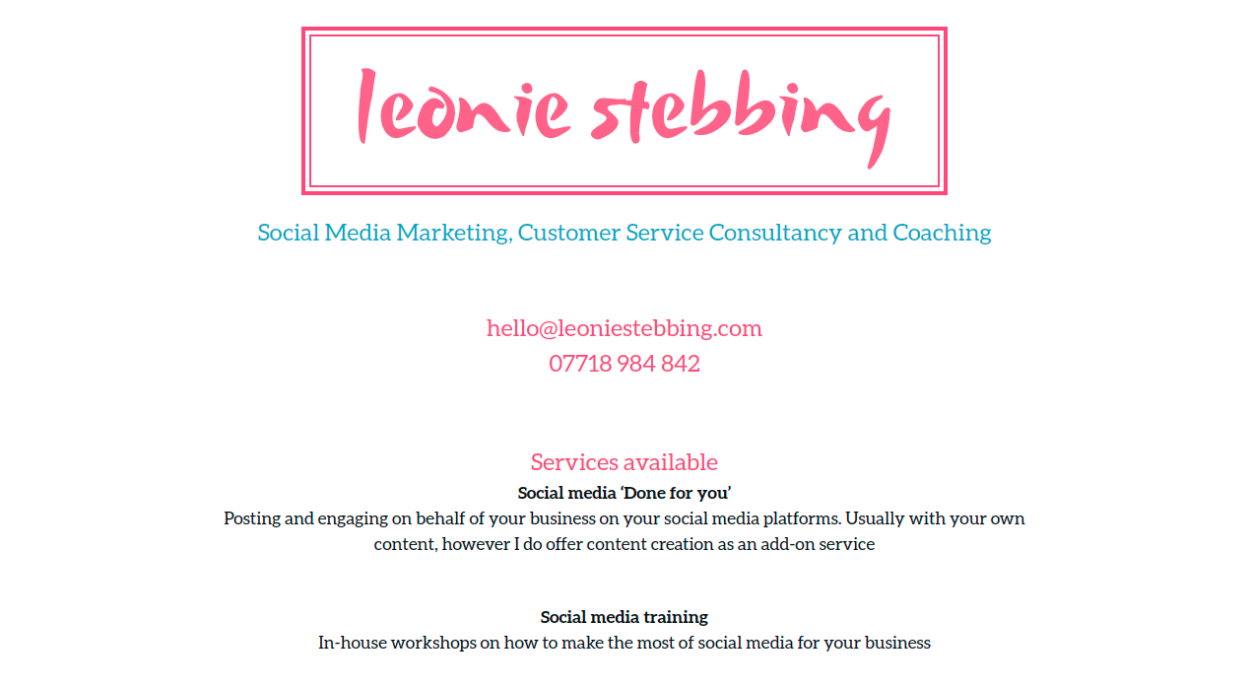 Homepage of website for Leonie Stebbing.
